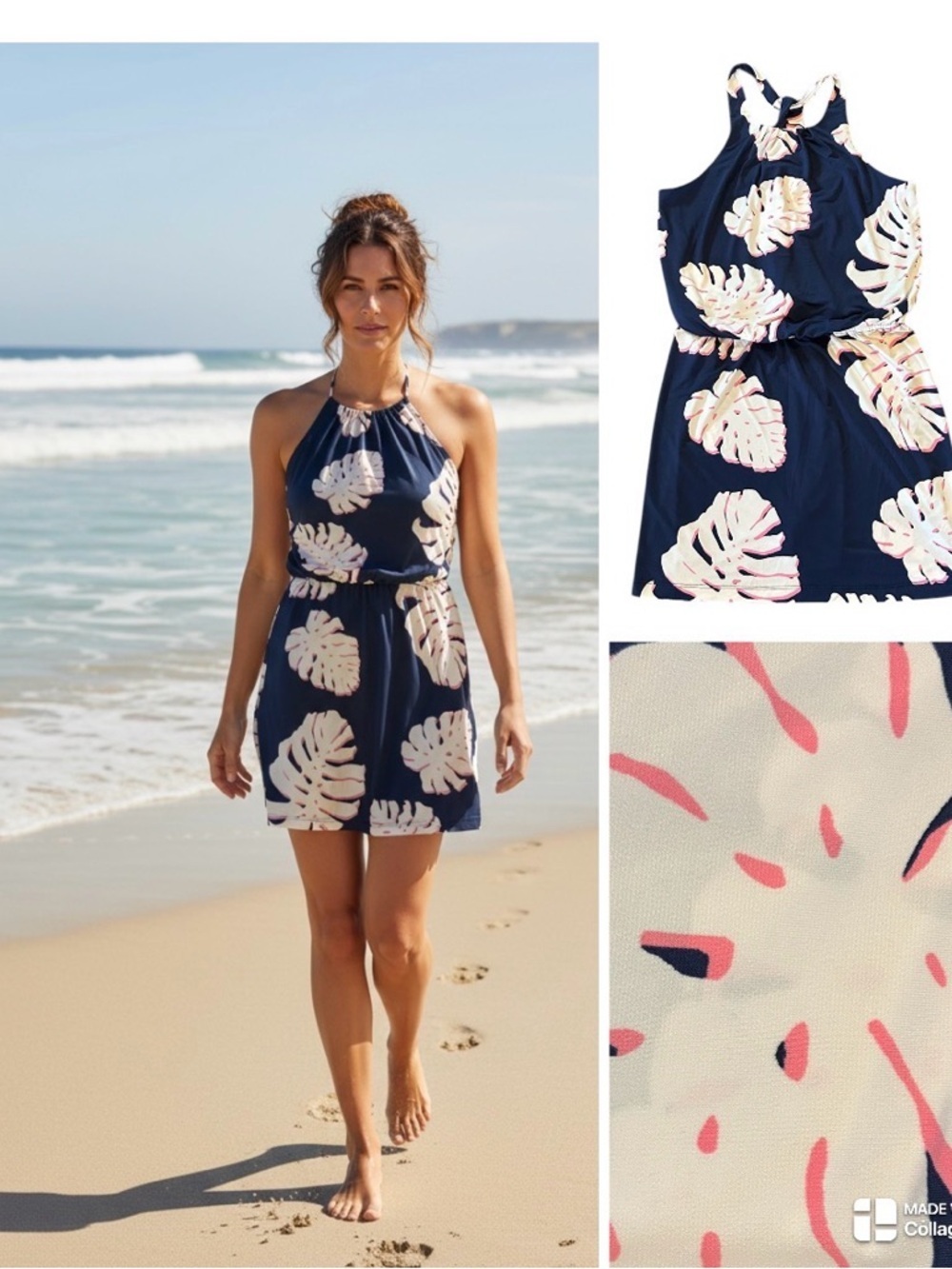 Tori Richard resort Navy Tropical Halter Beach Dress